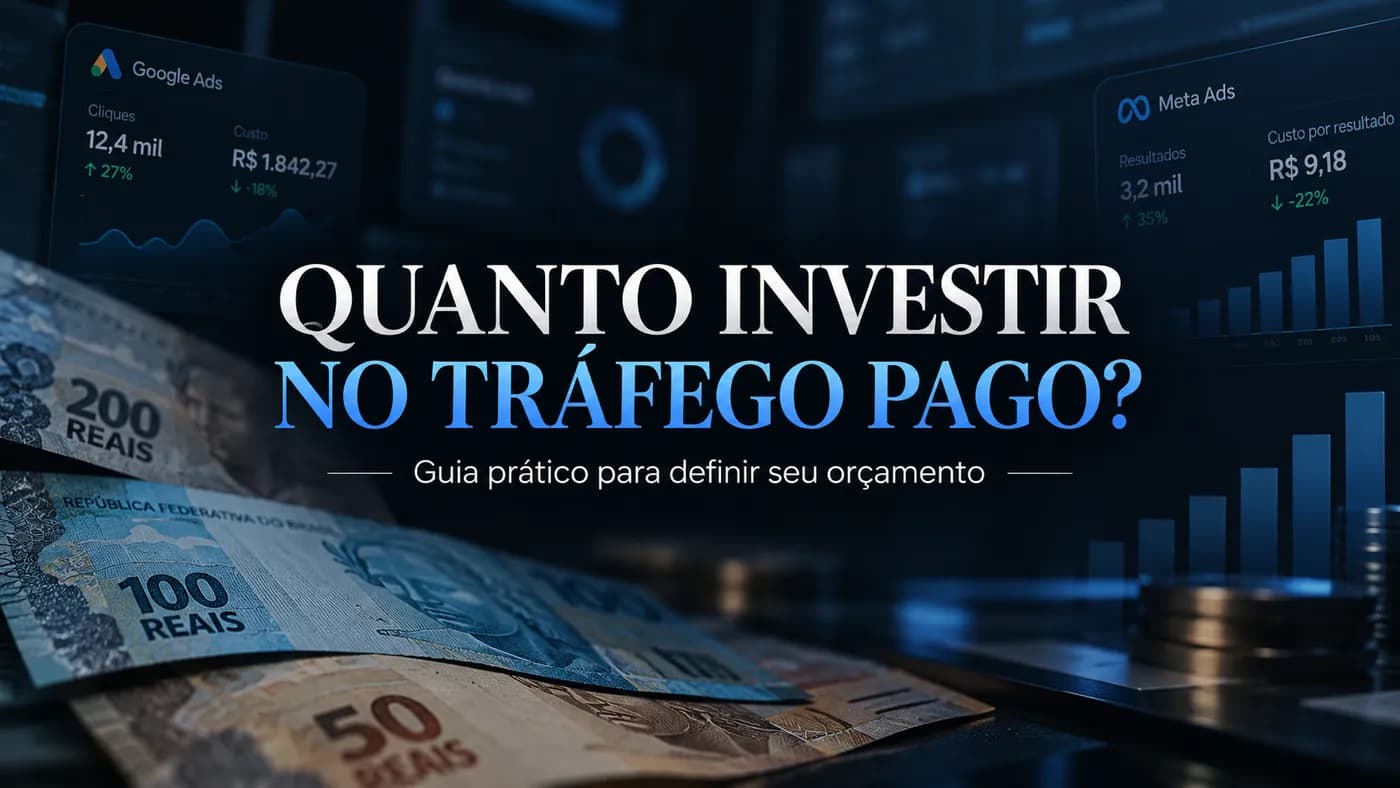 Capa do artigo “Quanto investir no tráfego pago?” com notas de real ao fundo, gráficos de desempenho e painéis de Google Ads e Meta Ads em um ambiente digital de tons escuros e azuis.