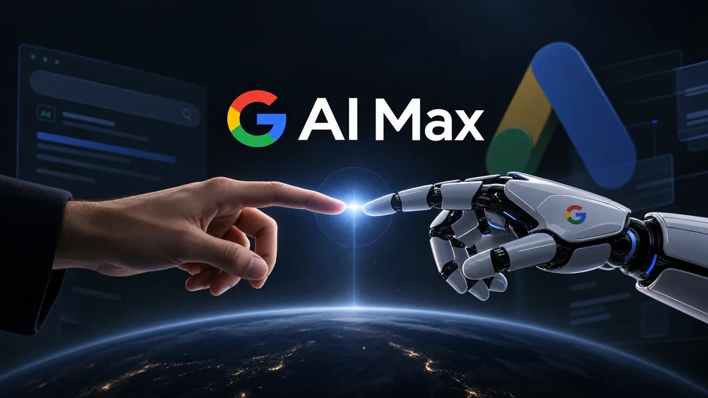 Mão humana e mão robótica quase se tocando sobre um fundo escuro e tecnológico, com o logo do Google AI Max e elementos visuais do Google Ads, simbolizando a integração entre inteligência artificial e campanhas de pesquisa.