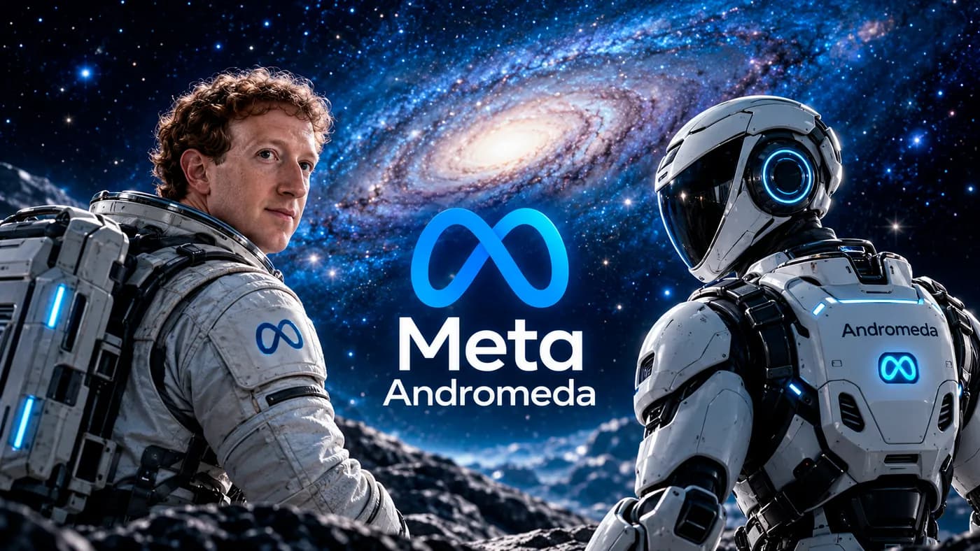 Mark Zuckerberg usando traje de astronauta ao lado de um robô futurista, diante de uma galáxia azul, com o logotipo da Meta e o texto “Meta Andromeda” ao centro.
